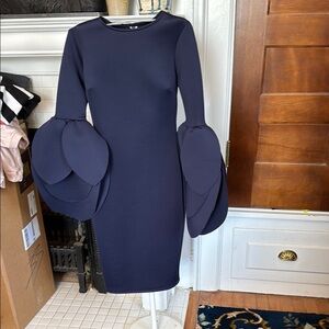 Elegant Navy Blue‎ Dress with Unique Sleeve Design